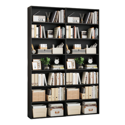 82.5"H Wood Double 7-Tier Standard Bookcases, Home Library Bookcase Set