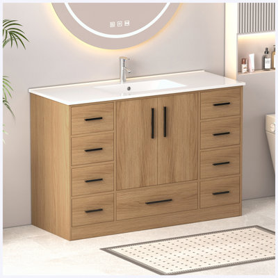 Armoire de salle de bain 48 po en chêne clair avec rangement abondant, 2 portes à fermeture douce et 9 tiroirs pleine extension