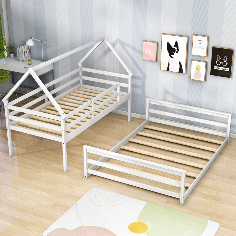 Lit superposé simple au-dessus d'un lit double en bois, Blanc
