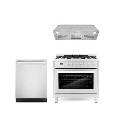Cosmo 3 Piece Kitchen Appliance Package with 36'' Gas Freestanding Range , Built-In Dishwasher , Insert Range Hood , and Air Fryer -  COS-3PKG-361
