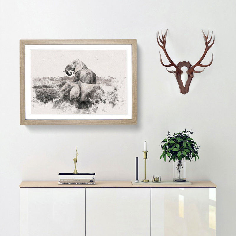 Two Elephants - Single Picture Frame Print on MDF, Oak, 35cm H x 50cm W x 2cm D