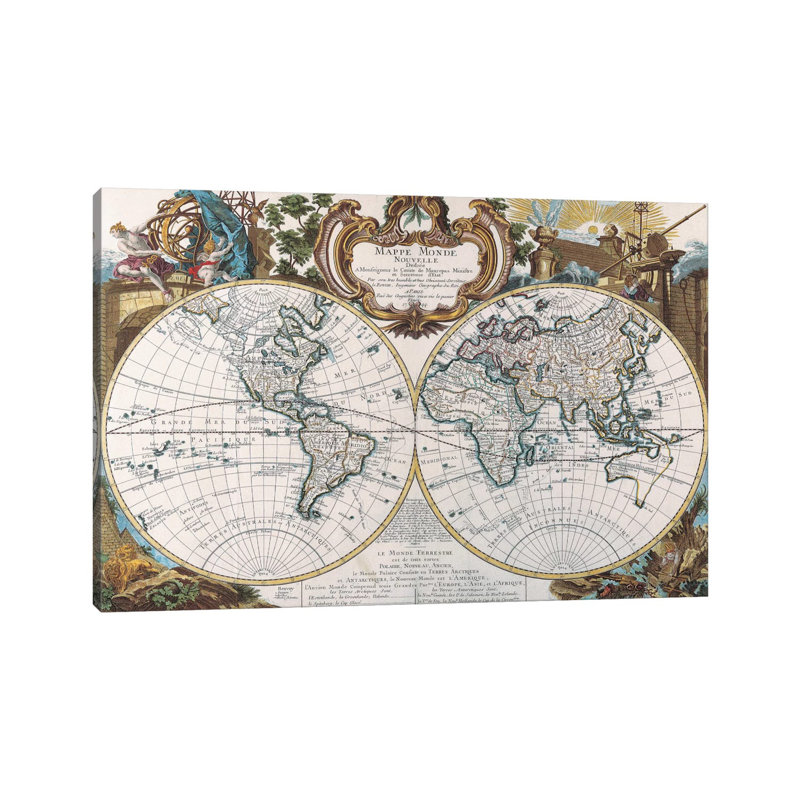 Antique Double Hemisphere Map Of The World - Wrapped Canvas Painting, 66.04 cm H x 45.72 cm W x 1.91 cm D