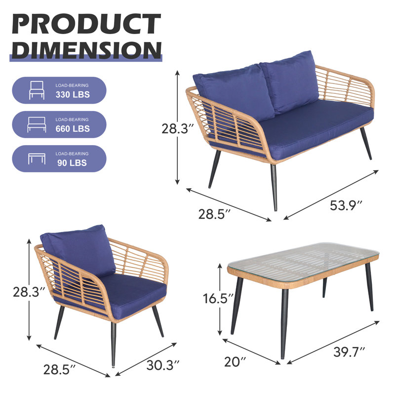 Gonneke 4-Person Patio Conversation Sets with Cushions, Blue