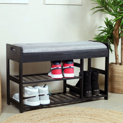 Froppi Shoe Bench with Grey Padded Seat and Hidden Storage | 2-Tier Wooden Shoe Rack L80 W29.5 H49 cm