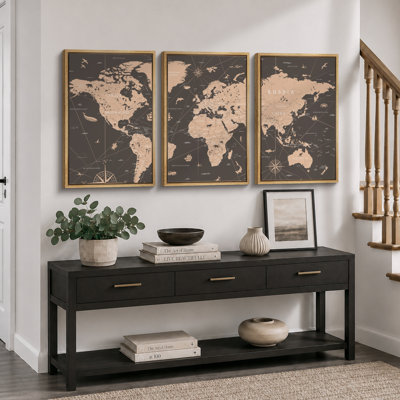 «World Map Sepia Global Country», ensemble de 3 reproductions sur toile