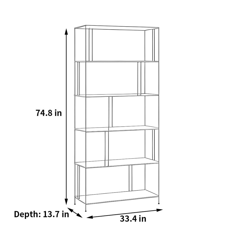 A beautiful and high-quality bookcase, Gold, (5 Shelves) 74.8"H x 33.4"W x 13.7"D