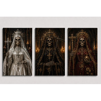 Grand ensemble de 3 reproductions d'art sur toile de style gothique noir de Santa Muertet pour salon, chambre à coucher, décoration d'Halloween, impression sur toile 16 x 24 pouces