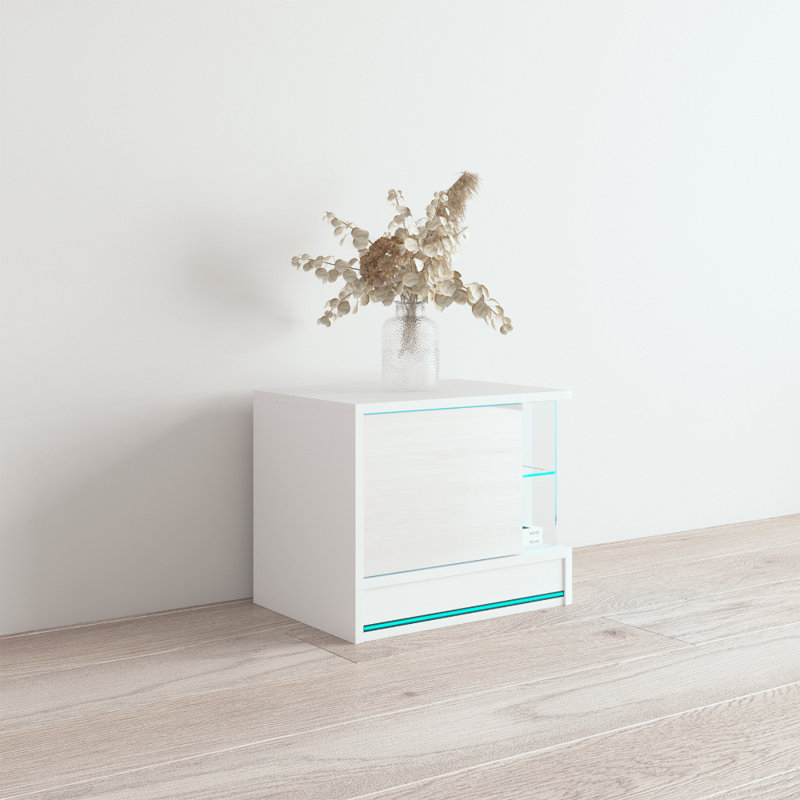 Bozarth 21.6" Nightstand with 16-Color LED Lighting, High Gloss Finish, White