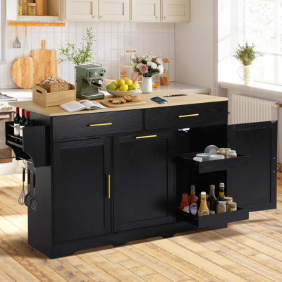 Kitchen Island With Drop Leaf And Storage Cabinet, Mobile Kitchen Rolling Bar Cart With Trash Can Cabinet And Drawer, Modern Island Table For Kitchen by Prep & Savour