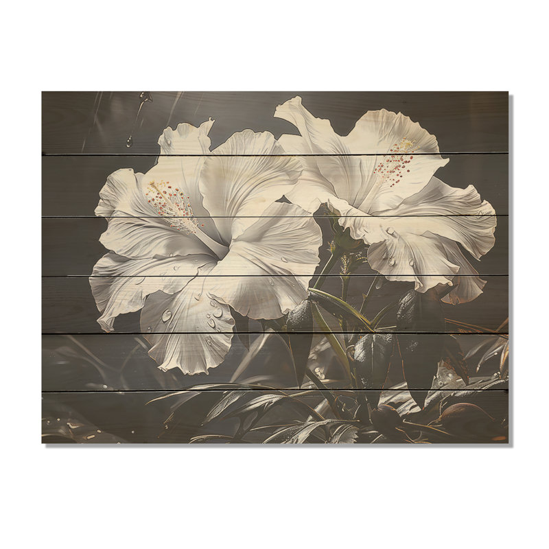 Fleurs d'hibiscus illuminées par Moonlig - Art mural en bois d'hibiscus sur bois de pin naturel, H 30 po x l 40 po
