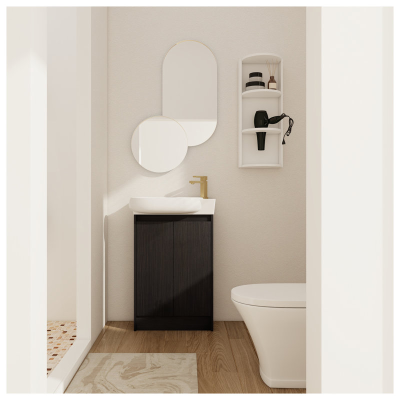 Meuble-lavabo autoportant de 23 po avec lavabo intégré et support de rangement assorti, finition châtaignier noir ou blanc brillant, fabrication en contreplaqué