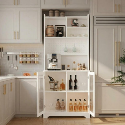 Armoire de rangement 71 po avec panneau perforé, tablettes et portes réglables pour le salon ou la salle à manger