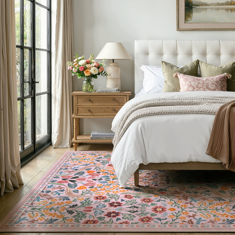 Tapis lavable à motif floral Kaldi, Rectangle 5 pi x 7 pi, Rose