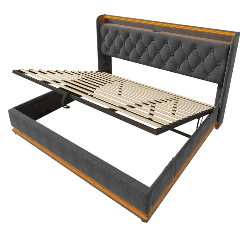 Upholstered Bed, 360 Surround LED Function, Buttons/Apps/Remote Control, Hydraulic Storage Bed With USB Type-C Charging(Without Mattress)