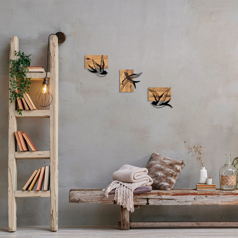 Decorative Wooden Wall Accessory Set (3 Pieces), Black & Walnut, Sizes: 9.8 x 1.2 x 9.1 in, 9.4 x 1.2 x 9.8 in, 9.8 x 1.2 x 9.1 in | 50% Real Wood & 50% Metal | Perfect for Home Decor, Unique Color Variations