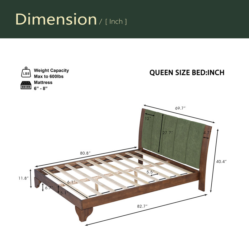 Cadre de lit en bois de pin de qualité supérieure, cadre de lit avec tête de lit inclus, lit Mid-Century moderne, Noyer