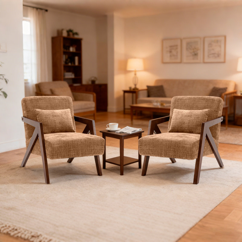 Juriana Mid Century Modern Upholstered Solid Wood Accent Armchair with an Extra Pillow, Brown Fabric