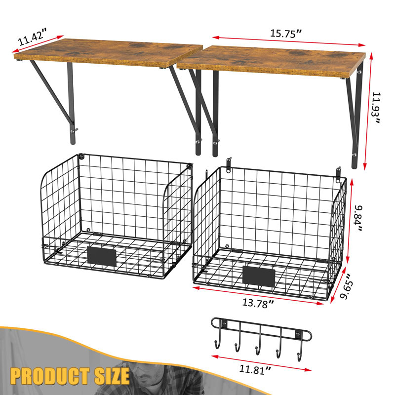 Ensemble de 2 tablettes de garage murales avec paniers de rangement en fil métallique, étagères de garage robustes avec crochets, étagère à outils flottante en bois, bois