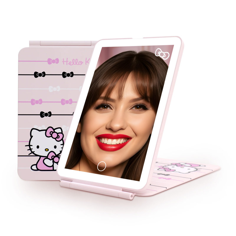  Hello Kitty Ribbon TouchPad Mini LED Makeup Mirror with Tri Tone LED Lighting, Hello Kitty Pink A Dot Artwork LED Travel Mirror with Soft Touch Sensor