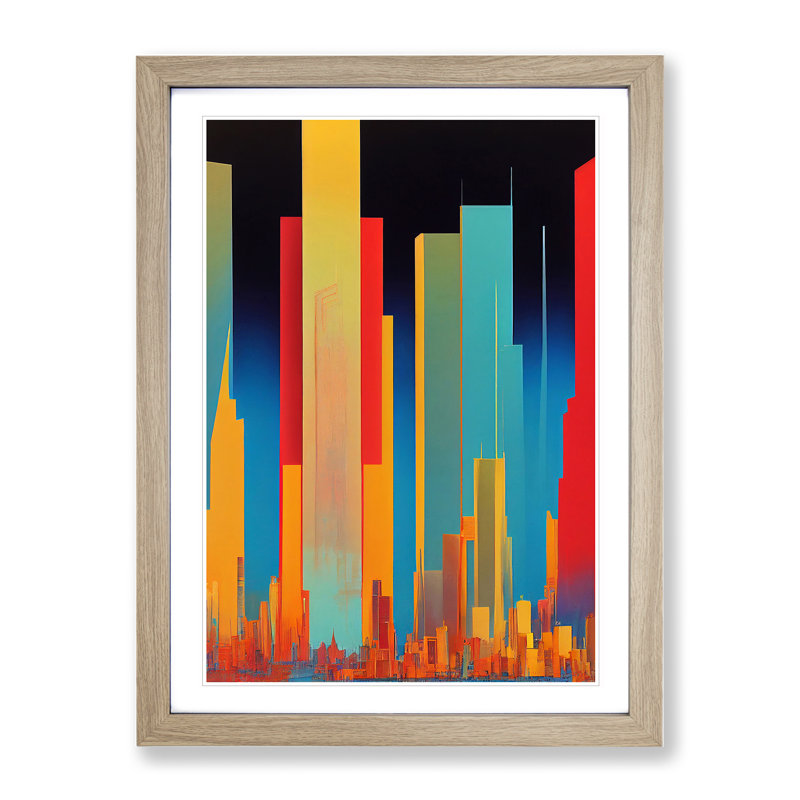 Animated City Skyline Abstract - Wall Art, 64cm H x 46cm W, Oak Framed