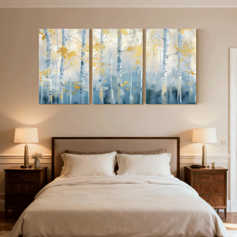 Paysage et nature, bouleaux d'automne, feuilles bleues, ensemble de 3 impressions sur toile, H 36 po x l 72 po