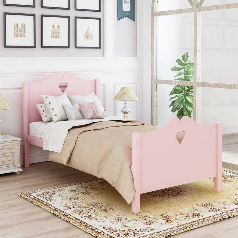Lit plateforme en bois avec tête et pied de lit, Rose