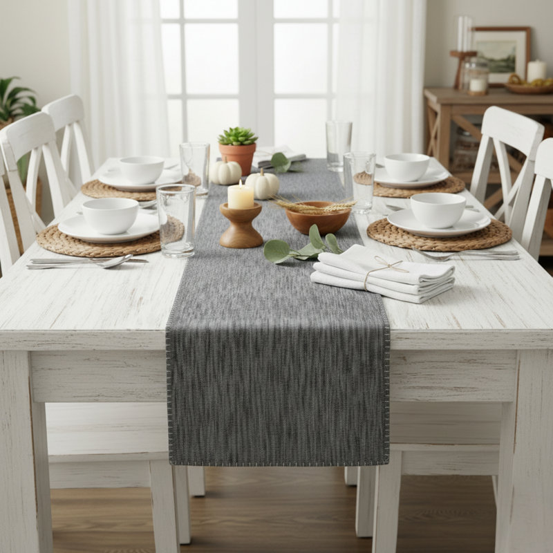 Chemin de table en coton avec bords cousus décoratifs, écharpe de commode, couvercle supérieur de meuble, Gris, L 48 po