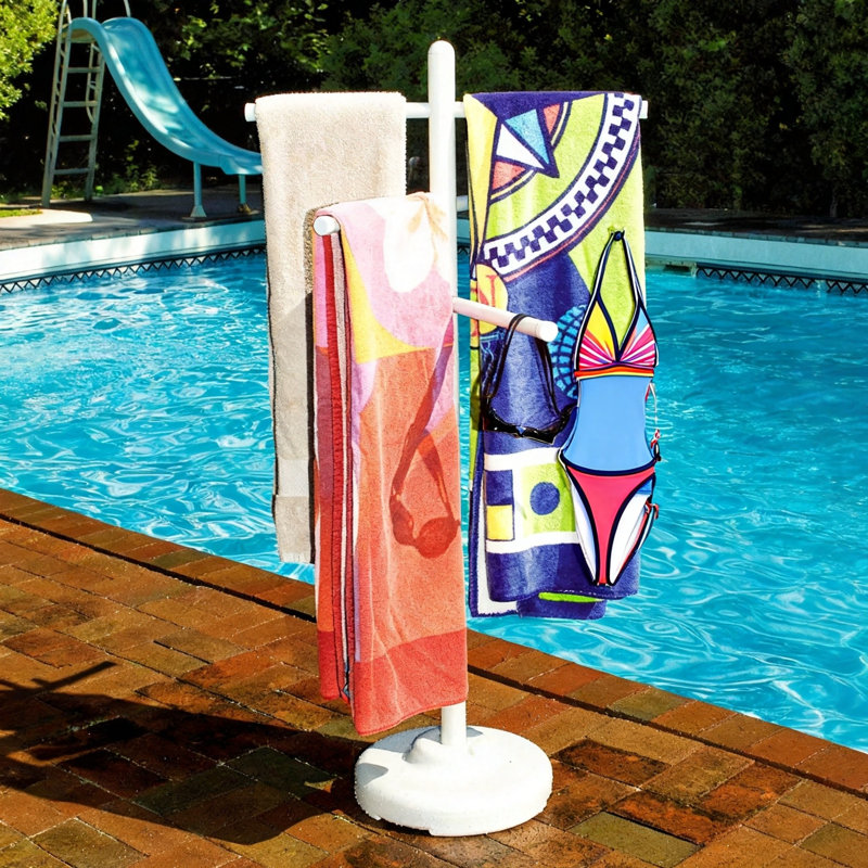 Free Standing 3-Arm Adjustable Poolside Towel Rack (White)