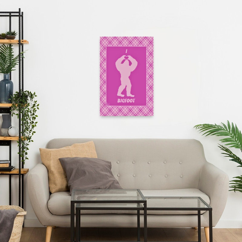 J'aime Bigfoot - Affiche murale abstraite contemporaine rose et fantaisiste, H 24 po x l 16 po