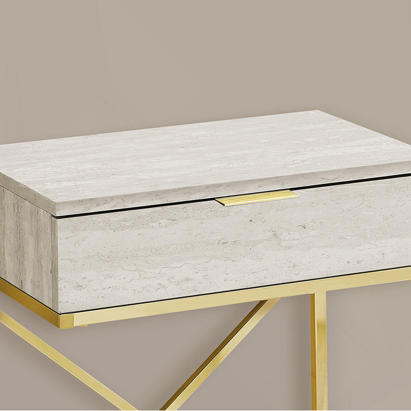 End Table, Side, End, Nightstand, Storage Drawer, Beige Marble Look Laminate, Gold Metal, White/Gold