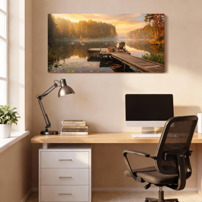 Autumn Lake Dock Scene Canvas Wrapped Wall Art Oil Painting Print Set Of 1