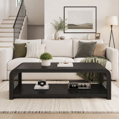 Boho Farmhouse Wooden 2-Tier Storage Curved Rectangular Coffee Table with Rattan Sides for Living Room, Apartment, Home Decor