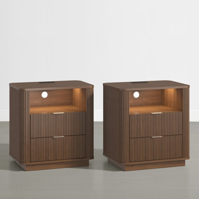 Mid-century Modern 2-Drawers Fluted Nightstand with Charging Station