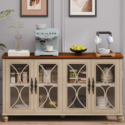 Armoire européenne à 4 portes, beige. Mobilier de salon. Armoire beige en verre trempé avec portes en verre trempé et en bois massif. Style rétro pour la chambre à coucher. Placage de bois réglable