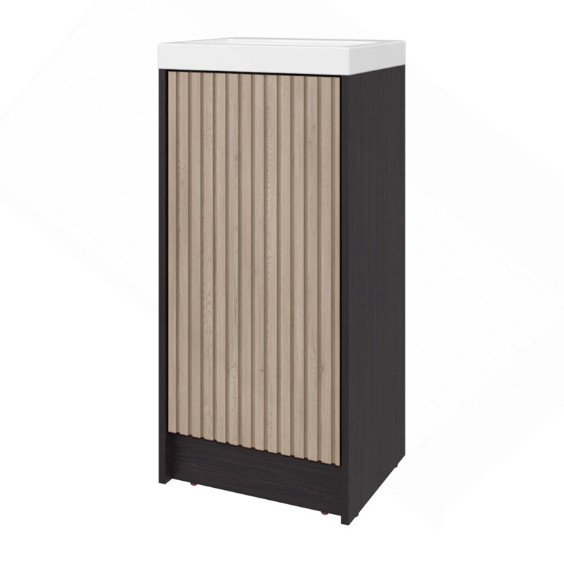 Meuble-lavabo sur pied et armoire avec lavabo en résine, rangement compact pour salle de bain avec une porte et 2 tablettes intérieures