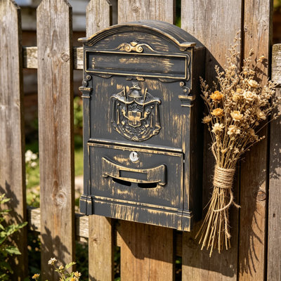 Wall Mount Mailbox, Large Capacity Outdoor Mailbox for Outside, Rust-Proof Aluminum and Galvanized Steel Hanging Secured Postbox with Key Lock, 18 x 11.8 x 4.9 Inches Gold