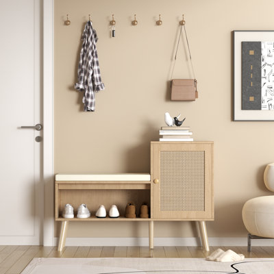 2-in-1 Pp Rattan Shoe Storage Bench, Modern Entryway Bench With 2 Adjustable Shelves & Removable Seat Cushion, Multifunctional Shoe Cabinet Organizer For Hallway Bedroom