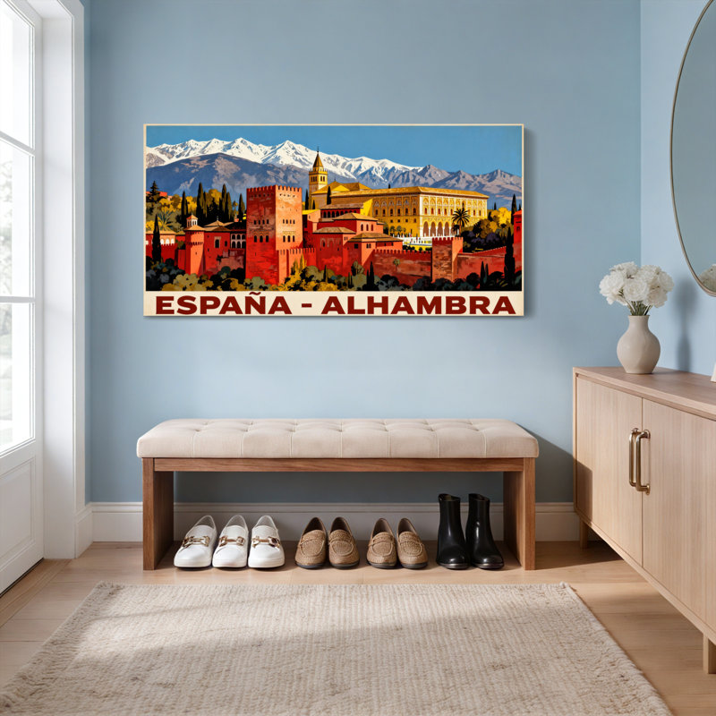Ensemble de 1 tableau sur toile représentant le paysage du château de l'Alhambra en Espagne, H 24 po x l 48 po