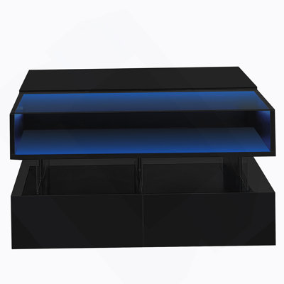 Lift-Top Coffee Table With 2 Drawers, Modern Square Coffee Table With Glass Top And High-Gloss Finish, Hidden Space And LED Lights For Living Room