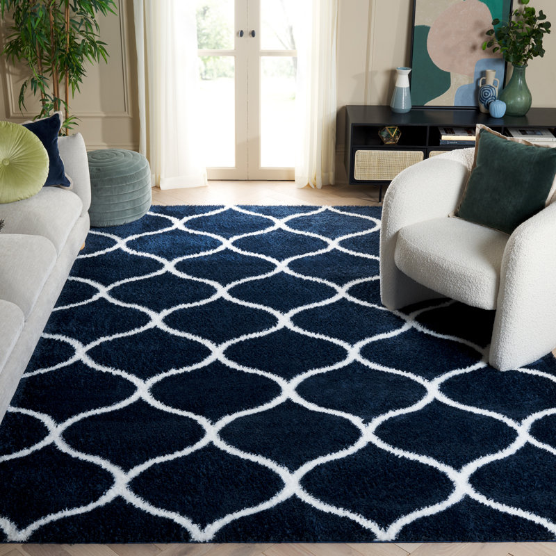 Navy and White 8' x 10' Geometric Shag Area Rug