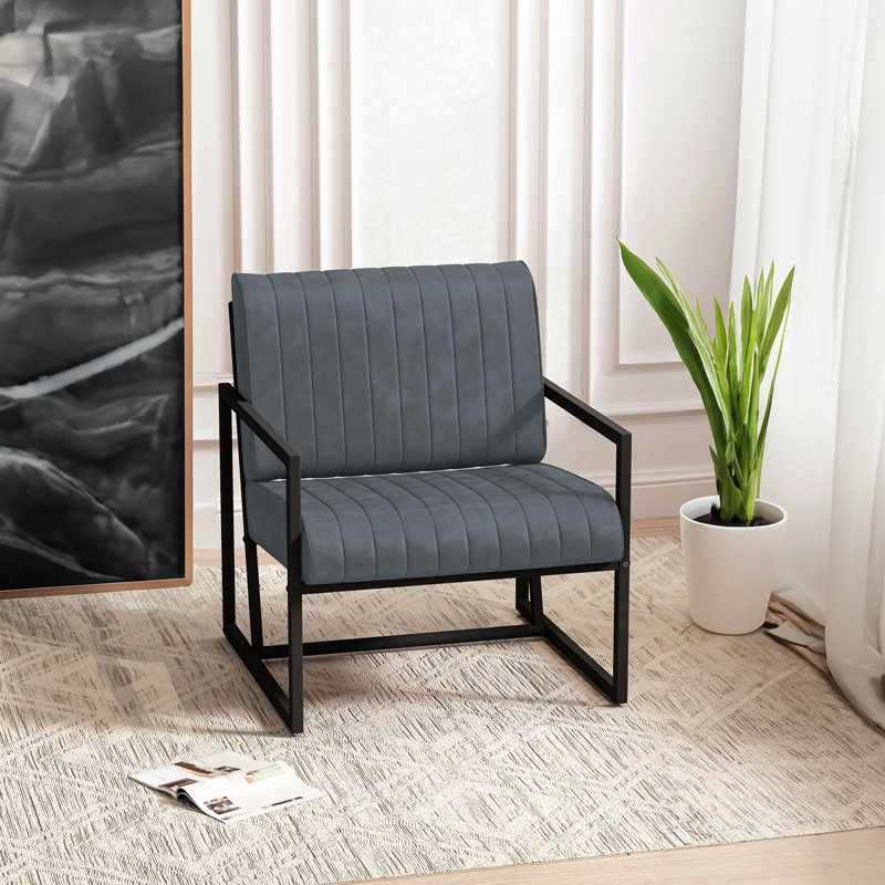 Chaise avec accoudoirs en cuir de polyuréthane moderne avec dossier en métal rembourré très épais et coussin de siège, pour salon, chambre à coucher, bureau, studio, gris