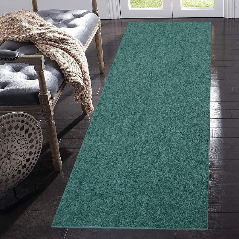 Tapis de couleur unie en polyester tissé à la machine en bleu sarcelle, Tapis de couloir 7 pi x 14 pi