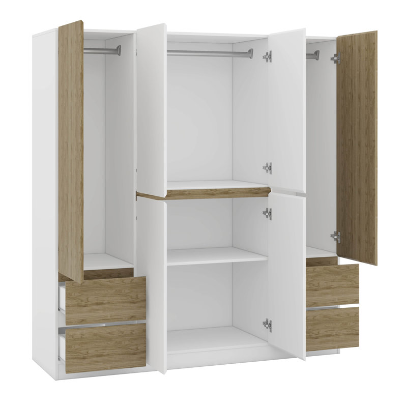 Armoire 6 portes en bois avec 4 tiroirs à l'intérieur, tablettes, rail suspendu