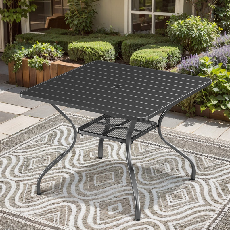 Merlene Powder-Coated Metal Frame Black Square Outdoor Patio Dining Table With Umbrella Hole