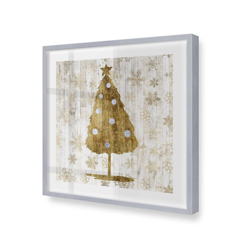 Impression d'arbre de Noël rustique doré, Cadre simple en chrome poli, bois massif, H 13,75 po x l 13,75 po