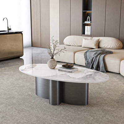 49.2" Modern Oval Coffee Table with Polished Sintered Stone Top, Sculptural Clustered Column Stainless Steel Base, Rounded Geometric Design