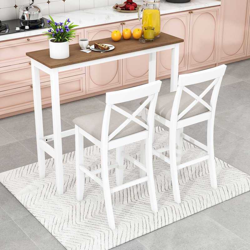 Ensemble de salle à manger 3 pièces à hauteur de bar rectangulaire en bois avec chaises rembourrées, Blanc