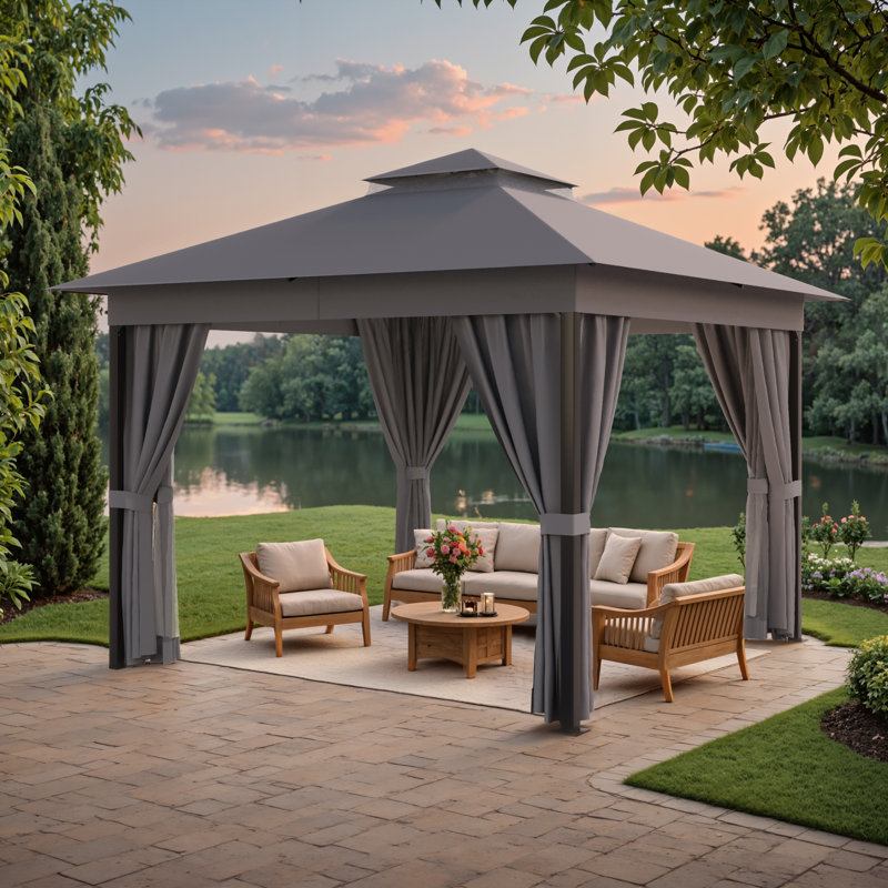 10 Ft. W x 10 Ft. D Soft Top Steel Patio Gazebo with 2-Tier Canopy and Zippered Mesh Netting for Outdoor, Patio, Garden, and Backyard Activities