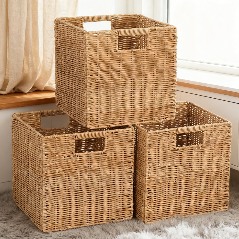 Foldable Woven Cube Storage Baskets With Handles, Set Of 3 Square Bins For Shelves, Organizer, Durable Plastic Wicker Design For Home Organization