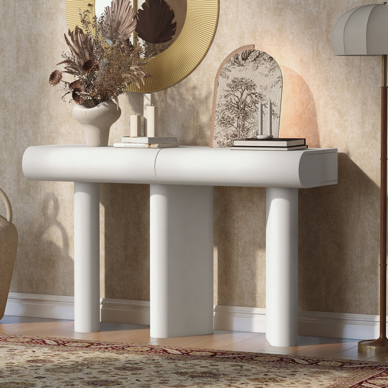 console avec 2 tiroirs courbés et pieds géométriques, Blanc